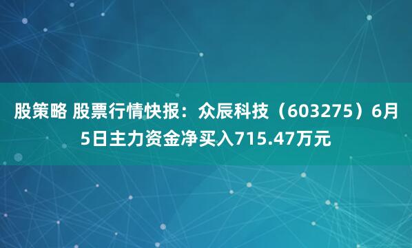 股策略 股票行情快报：众辰科技（603275）6月5日主力资金净买入715.47万元